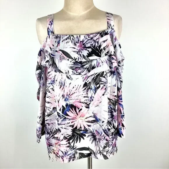 NYDJ Blouse Womens Medium Boho Hawaiian Tropical Floral Top Ruffle Cold Shoulder - Picture 2 of 13
